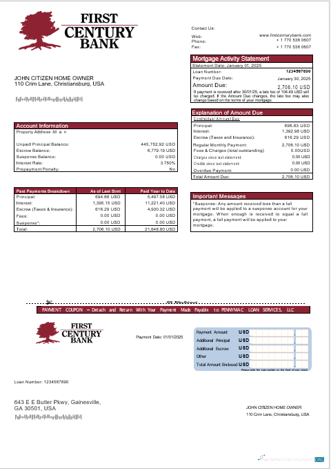 USA Georgian Gainesville First Century bank mortgage statement in Word and PDF formats